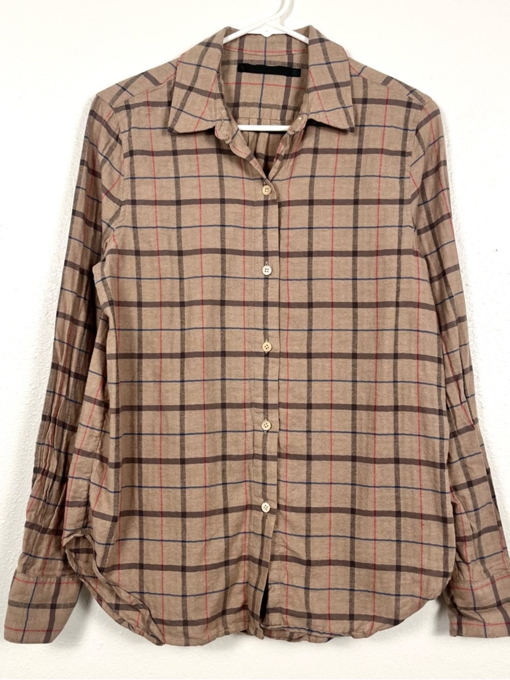 Jenni Kayne Lightweight Plaid Cotton Flannel Buttondown Shirt in Tan Beige - Picture 2 of 7